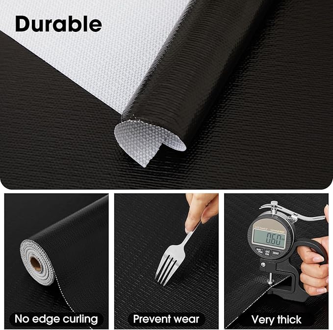 Drawer and Shelf Liner, Non-Slip Kitchen Cabinet Liners Non-Adhesive Thick Strong Grip Waterproof Washable Mats Protect Dresser Shelves Cupboard Bathroom Cabinets, Black, 24 in X 10 FT