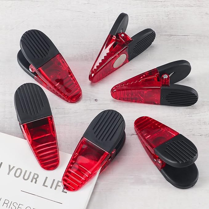 3-1/4" Length Plastic Refrigerator Magnet Clips Sets，Magnet Paper Clips, Snacks Bag Clips，Multipurpose Clips - Set of 6 (Red)