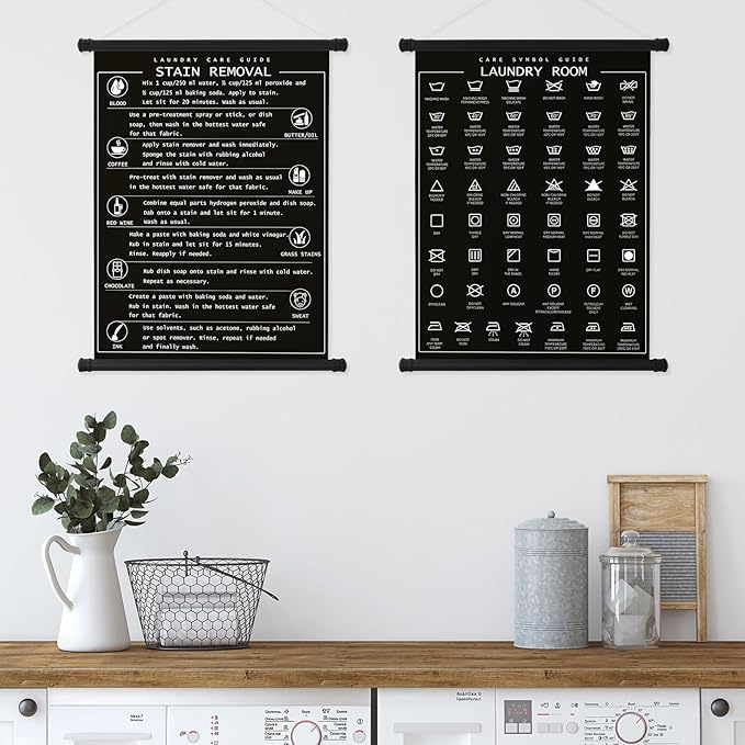 Gersoniel 2 Pieces Laundry Room Decor Symbols Wall Art Hanging Symbols Guide Wall Decor Stain Removal Theme Sign Laundry Care Room Art Ready to Hang Sign, 11.8 x 15.7 Inches(Black)