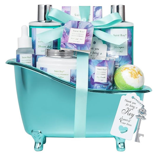 Bath and Body Basket Set Luxury EUCALYPTUS & Mint Spa Gift Basket for Women, Unique Bath Gift Baskets Gifts, Home Spa Kit Christmas Gifts for Women, birthday gift baskets for Dad Mother's Day