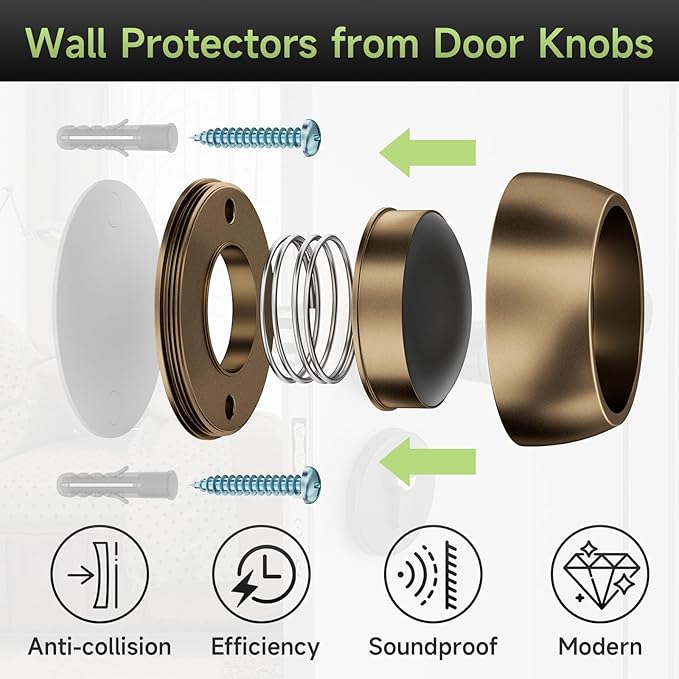 2PC Door Stopper Wall Protector with Silicone Head, Aluminum Door Knob Wall Protector, Spring Shock Absorption Technology, 1.65" Door Stoppers for Wall, Adhesive Installation or with Screw, Bronze