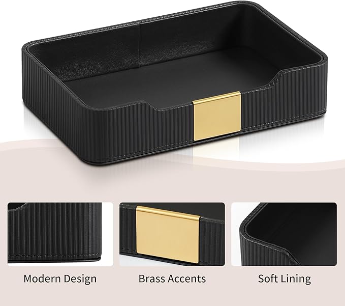 Valet Tray Desktop Storage Organizer, PU Leather Catchall Bedside Vanity Tray with Brass Accents Block Nightstand Organizer for Keys Watch Wallet Phone, Decorative Nightstand Storage (Black)