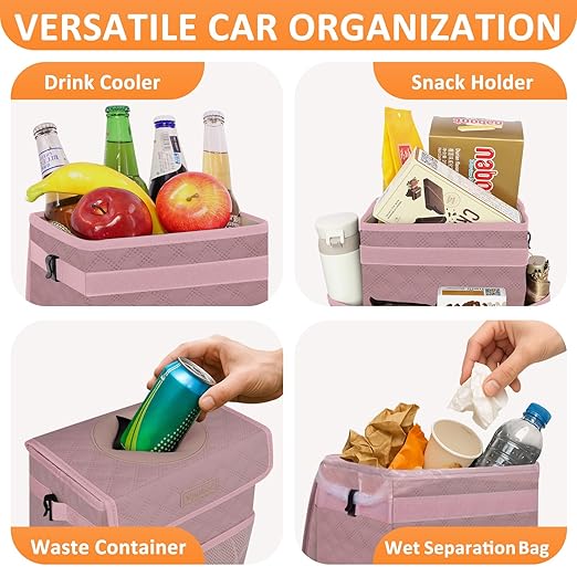 Vankor Car Trash Can Cute Trash Bag Bin Hanging Waterproof Automotive Garbage Cans Leak Proof Vehicle Trash Can Diamond Pattern-Pink
