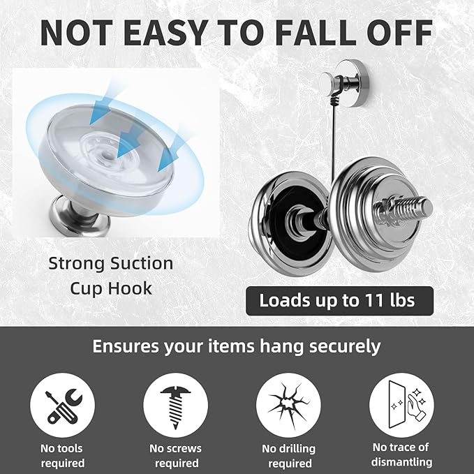 Suction Cup Hooks for Shower Stainless Steel, Suction Hooks for Shower Wall Hangs 11lbs, Bathroom, Kitchen, Glass Door, Mirror, Tile, Loofah, Towel, Coat, Bath Robe, Chrome 2 Pack