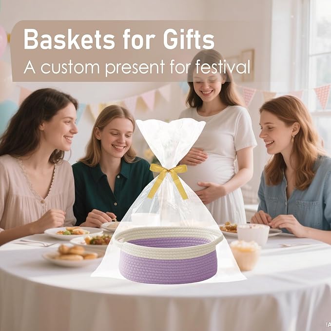 Woven Basket, Small Rope Storage Bin with Handles & Ribbon Bag, Organizer for Shelves Closets, Empty Gift Basket for Birthday, Books, Dog Toys, White & Purple/3 Pack