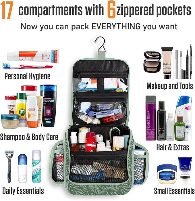 VENTURE 4TH Hanging Travel Toiletry Bag for Women & Men – Large Toiletry Organizer with 17 Compartments, Removable TSA Pouch, Travel Wash Bag for Toiletries, Makeup & Shaving Kit (Green Leaves)