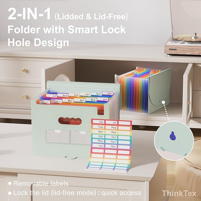 ThinkTex Accordion File Organizer, 12 - Pocket Expanding File Folders for Paper Receipts, Bills & Taxes Organizer, Letter/A4 Size Document Holder for School, Office, Home with tabs-Sage Green
