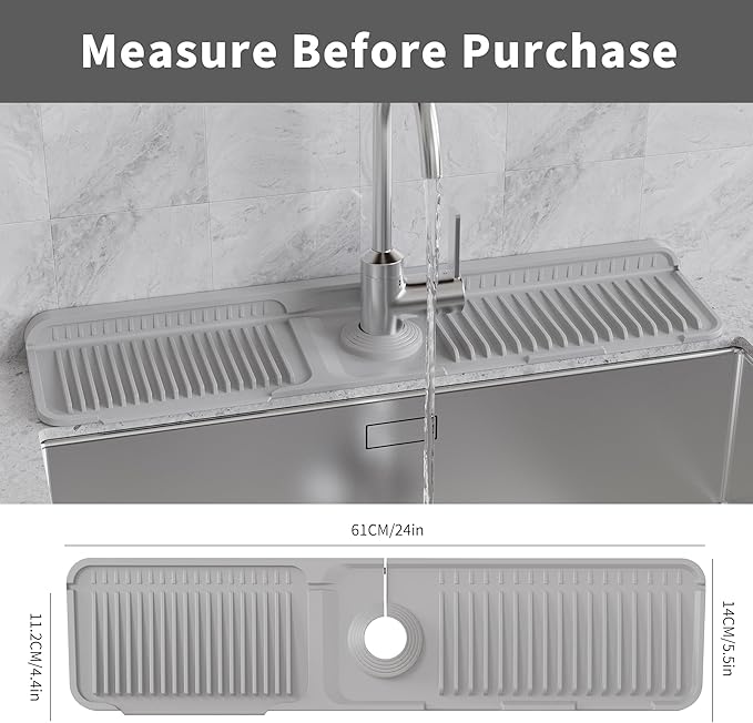 WAFT YEARN 24X5 Inch Silicone Durable Faucet Mat Kitchen Sink Splash Guard Draining Protector Tray Liner Absorbent Protective Counter Accessories For Sink Kitchen Bathroom Laundry Room Bar & RV Grey