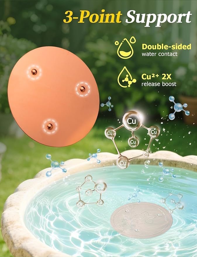 Mellbree 4-Pack Bird Bath Copper Disk, 0.6mm Reinforced 99.99% Pure Copper Cleaning Disk with Triple-Point Support for Physical Safe Clean Water All-Season (Flower)