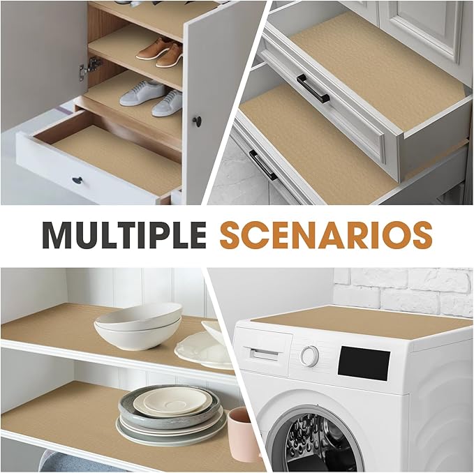 Drawer and Shelf Liner, Non-Slip Kitchen Cabinet Liners Non-Adhesive Thick Strong Grip Waterproof Washable Mats Protect Dresser Shelves Cupboard Bathroom Cabinets, Beige, 24 in X 30 FT