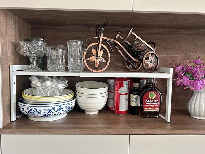 Expandable Cabinet Shelf Organizer 16-26" L Stackable Kitchen Counter Shelf Rack Stand Sink Riser Countertop Storage White (Normal 7.9"D)