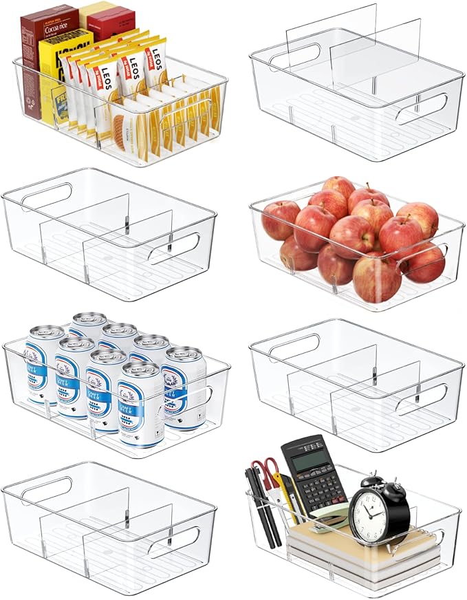 Pantry Organizers and Storage, 8 Pack Snack Organizer for Pantry Shelf, Food Storage Bins with Dividers, Clear Containers for Organizing, Transparent Plastic Basket, Refrigerator and Fridge Bins