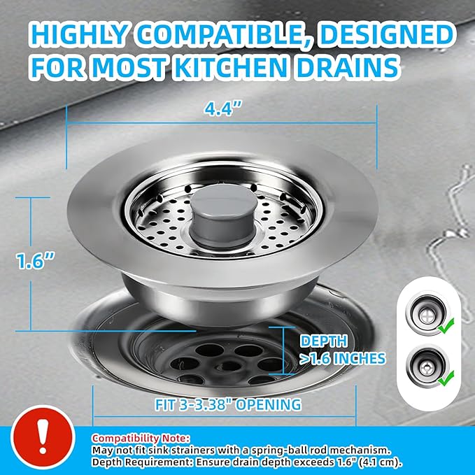 Sink Drain Strainer - Kitchen Sink Stopper, 3 In 1 Kitchen Sink Drain Strainer with Anti-Clogging Basket, Fit US Standard 3-1/2'' Sink Hole