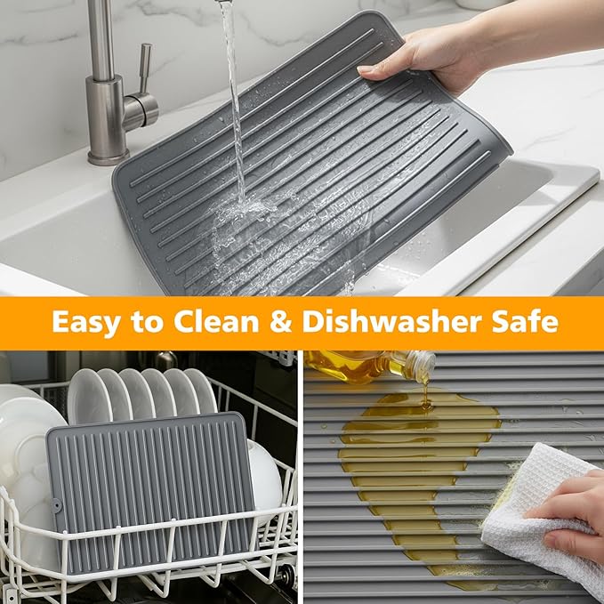 Songrey 14" x 10" Silicone Dish Drying Mat, Kitchen Counter Drying Pad for Sink Dishes or Under Rack, Multi-Use as Heat Resistant Trivet, Coffee Bar Mat