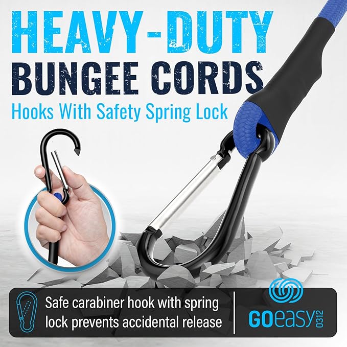GOEASY0312 Carabiner Bungee Cords with Hooks Heavy Duty - 18" Elastic Bungee Cords with Carabiner Hooks 200 LBS Max Break Strength, UV Resistant for Camping, Tarps, Bike Rack, Tent, Car - 4pcs (Blue)