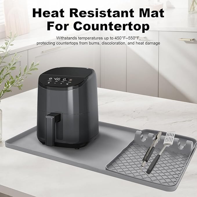 Silicone Heat Resistant Mat for Countertop - 24x16 Inch Air Fryer Mat with Kitchen Accessories Holder Pad for Microwave/Oven, Compatible with Ninja/Cosori/Chefman/Toshiba - Grey