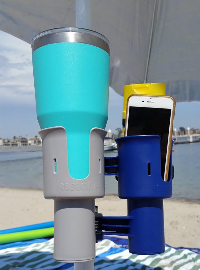 ROBOCUP, (Navy&Gray), Patented Clamp On Boat Cup Holder |Multifunction Dual Drink Caddy for Fishing Poles, Tools, Net, Gaff |Portable Storage for Boating, Beach, Umbrellas, Golf Carts, Strollers