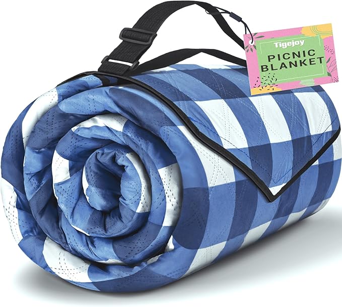TigeJoy Extra Large Picnic Blanket Waterproof Foldable 60''x80'', Outdoor Picnic Mat Beach Blanket Sandproof for Park, Grass, Travel, Hiking, Camping Essentials, Gingham Picnic Blanket