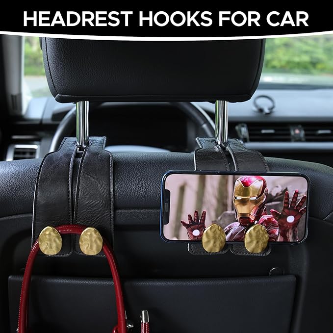 URIZZD 2PCS Leather Car Seat Hooks for Headrest, Vehicle Hanger Storage Organizer Universal for Handbag Purse, Car Accessories Gift (Black-Gold)