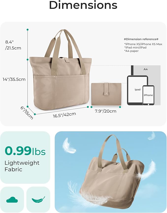 BAGSMART Tote Bag for Women, Foldable Tote Bag With Zipper Travel Large Shoulder Bag Handbag for Work-16.5''L x 6''W x 14''H
