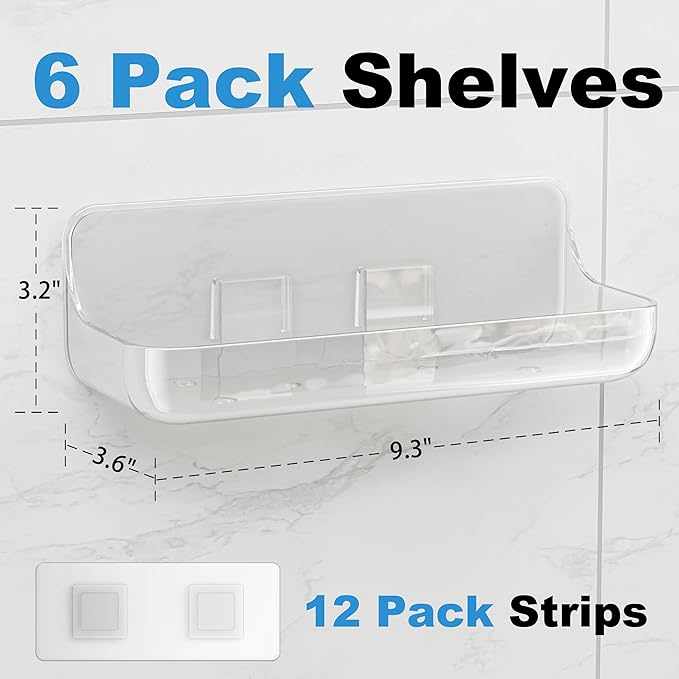 6 Pack Acrylic Bathroom Shelves, Clear Adhesive Stick on Shelf with 12 Pack Adhesive