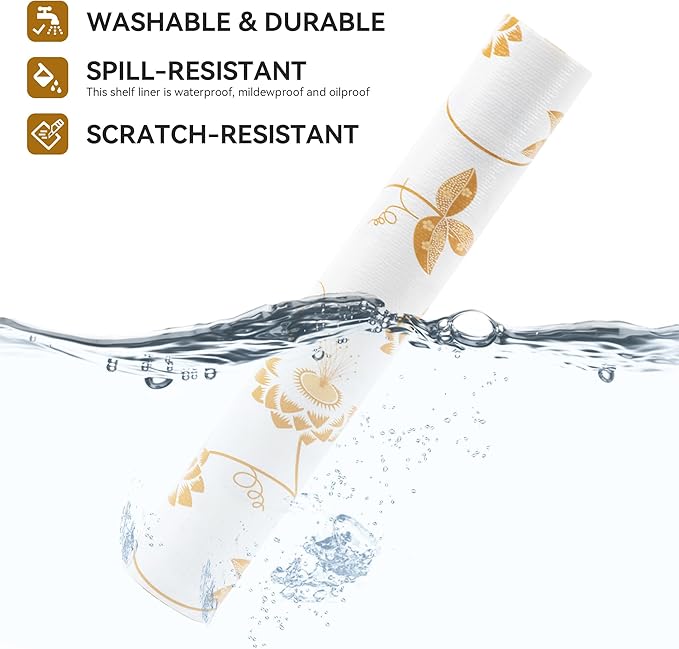 RAY STAR Shelf Liner, Non Adhesive Golden Leaves Floral Kitchen Cabinet Liner for Pantry Drawer Vanity, Strong Grip Non Slip, Shelf Liners for Kitchen Cabinets Cupboard 18 Inch x 8 FT (5 Rolls)