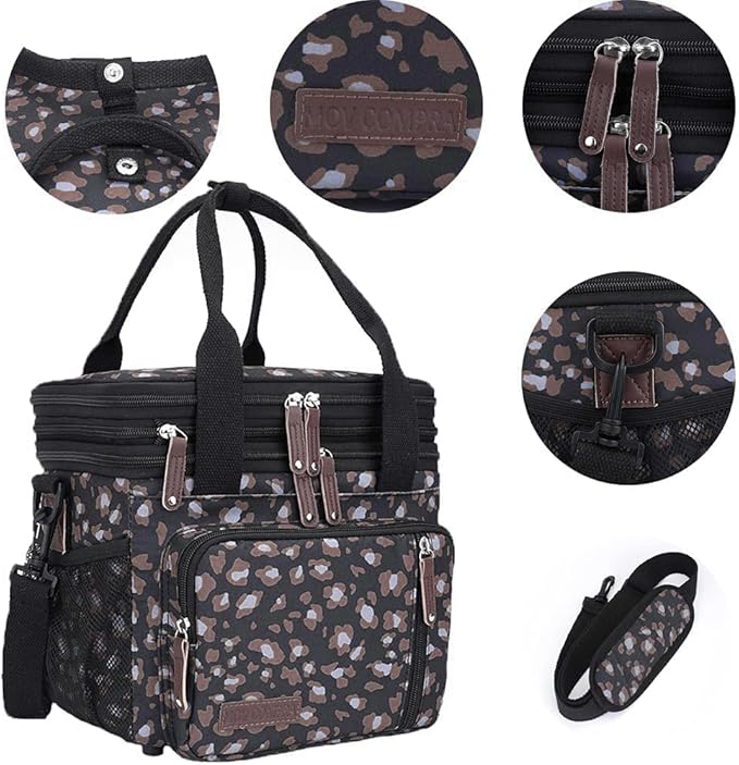 MOV COMPRA Leopard Lunch Bags for Women, Expandable Large Lunch Box, Leakproof Double Deck Lunch Box Cooler Tote Bag with Removable Shoulder Strap (Leopard Print)