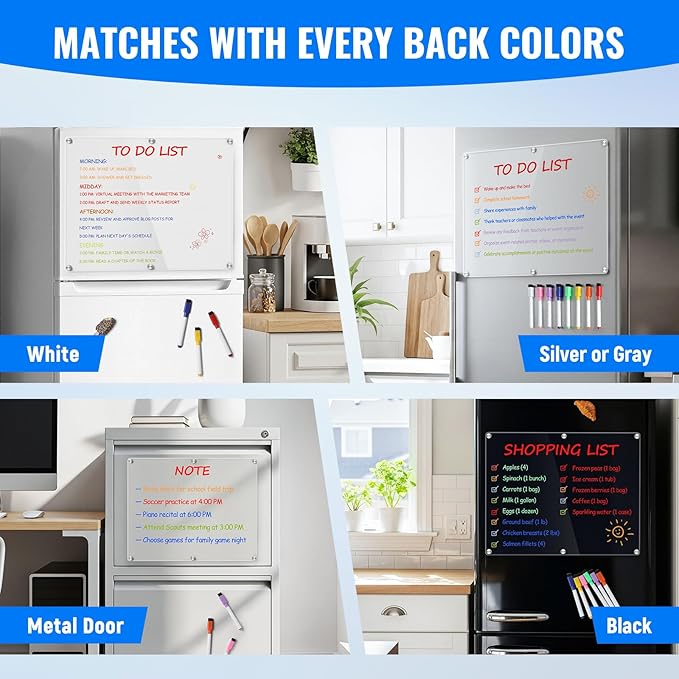 Acrylic Magnetic Whiteboard for Fridge, Clear Dry Erase Memo Board for Refrigerator with 8 Markers, Magnetic Planning Menu Board for to Do List/Shopping List, Meal Planner for Kitchen, 14.5 * 11.5''