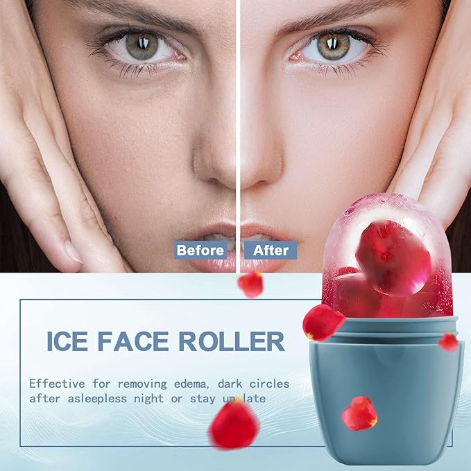XHJRI Ice Face Roller Massager, Ice Cube Roller for Face, Eyes, and Neck – Naturally Conditioning and Skin Care, De-Puff Eye Bags, Reduce Migraine Pain, Reusable Massage Silicone Ice Mold (New Blue)