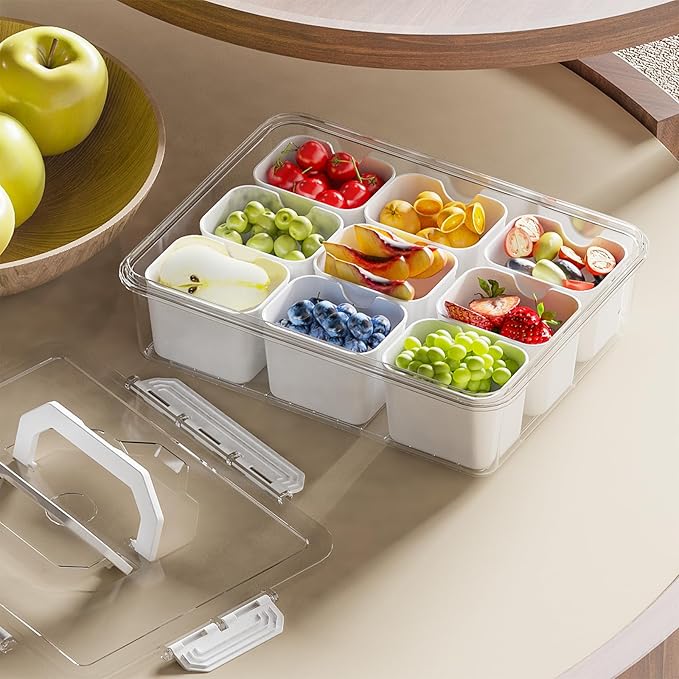REBECAT Divided Serving Tray with Lid and Handles 9 Compartments Snack Box Container Charcuterie Organizer Snackle Box Container for Candy,Nuts,Fruits,Snacks,3 Pack,White