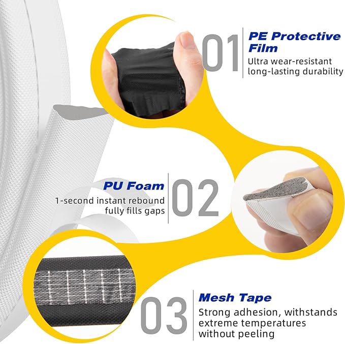 Weather Stripping Door Seal Strip for Door Frame,Window Insulation for Winter,Exterior Doors Soundproofing Gap Filler,Window Sealer Weather Stripping,Foam Windows Draft Stopper (White,3pcs×196")