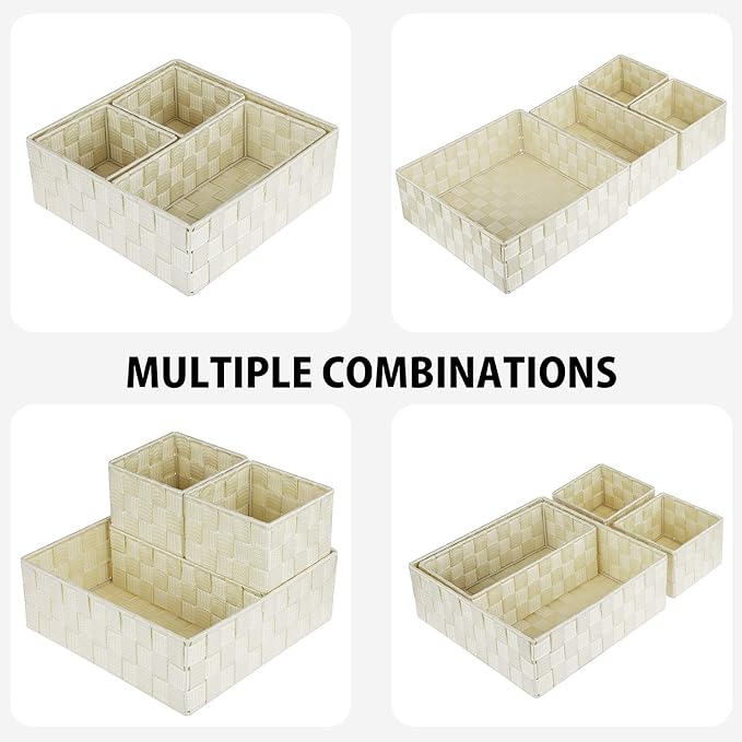 Posprica Woven Storage Baskets for Organizing, Small Black Baskets Cube Bin Container Tote Organizer Divider for Drawer, Closet, Shelf, Dresser, Set of 4 (Beige)
