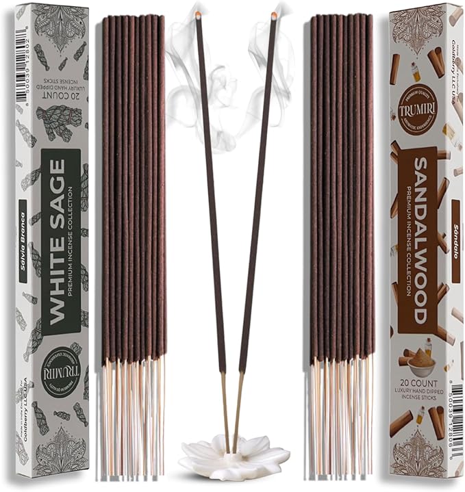 Trumiri Incense Sticks - Combo Pack of 40 Insence-Sticks - 20 White Sage + 20 Sandalwood - Insenses - Insents - Incents - Inscense - Incence - Incienso - All Natural Incense Sticks