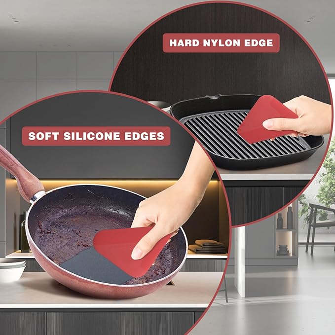 Food Scraper, 2-in-1 Pot and Pan Dish Scraper, Nylon and Silicone, Kitchen Scraper Tools for Cast Iron Skillets, Cookware, Dishes, Pans and Pots, Heat Resistant, Set of 3 - Red