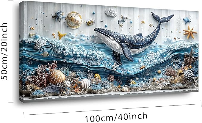 ZESTRILIA Ocean Whale Wall Art for Kids Room Navy Blue Marine Organism Underwater World under the Sea Canvas Painting Prints Artwork Family Living Bedroom Decor (40x20 Inches)