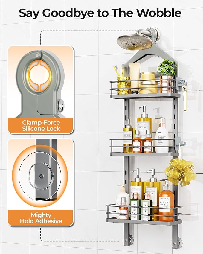 ODesign 3 Tier Height-Adjustable Shower Caddy, Hanging Anti-Swing Over-The-Shower-Head Caddy, Shower Storage Organizer Bathroom Shelves Basket Caddies, Grey