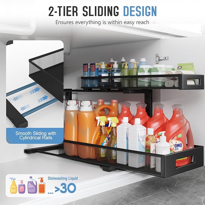 Biboraya 1 Pack 20.47IN Depth Under Sink Storage Organizer, Large 2-Tier Elegant Mesh Pull Out Shelf for Kitchen and Bathroom Cabinet Organization, L-Shaped and Adjustable Height Design-Black