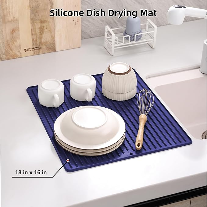 Dish Drying Mat, Small Silicone Drying Mat for Kitchen Counter, Heat Resistant Silicone Trivet for Countertop Protector, Super Thick Dish Drying Pad for Cup/Bottle/Glassware, Long & Narrow