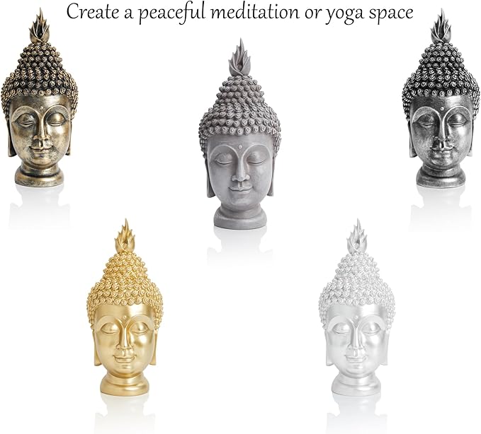 Buddha Head Statue Zen Meditation Decoration, 11 inch Resin Antique Silver Buddha Head Statue for Buddhist Spiritual Altar Decoration Buddhism Gifts