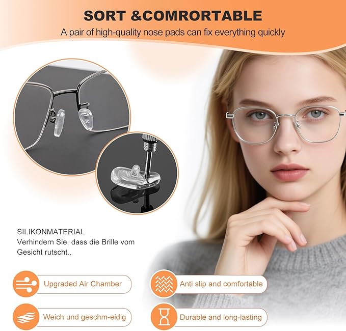 Eyeglass Nose Pads, 6 Pairs Screw-in Glasses Repair Kit with Screwdriver and Small Screws, Thick Silicone Nose Pads with Air Chamber