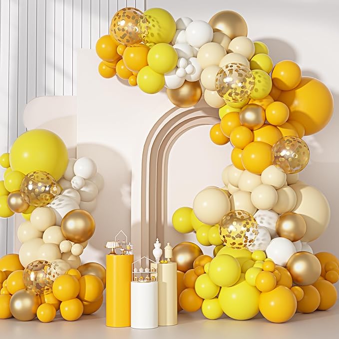 Ouddy Party Yellow Gold Balloons Arch Garland Kit, Different Sizes 18 12 10 5 Inch Mustard Pastel Yellow White Latex Metallic Confetti Balloon for Sunflower Bee Baby Shower Birthday Party Decorations