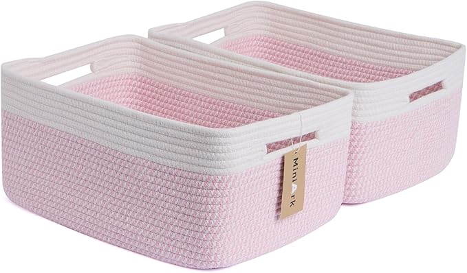 MiniArk Large Storage Baskets for Shelves, Closet Organizers Bins for Clothes Blanket Towels, Baby Nursery, Toy Baskets Box, Woven Rope Baskets, 17 x 13 x 7.5”, 2 Packs Woven Pink