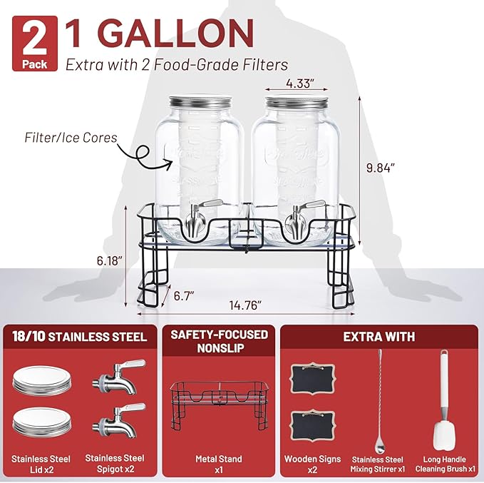 KIKCOIN 1 Gallon Glass Drink Dispensers for Parties, 2 Pack Leakproof Beverage Dispenser with Stand & 18/10 Stainless Steel Spigot & Filter -for Lemonade, Juice, Sun Tea, Punch- ALL DISHWASHER SAFE