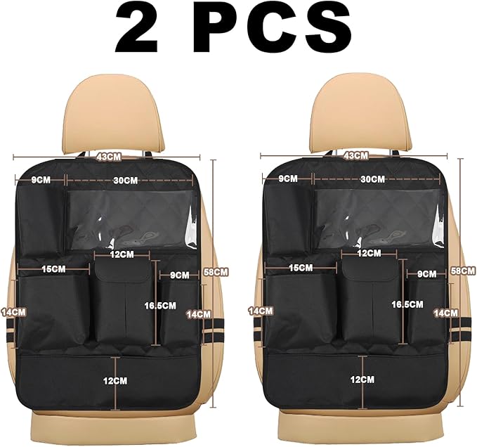 Car Seat Organizers, Multi-functional Back Seat Protectors, Storage Pouches, Child Kicking Prevention and Tray Holders Kick Mats Back (for Cars, Kids, and Rear Seats) (Black, 2 Pack)