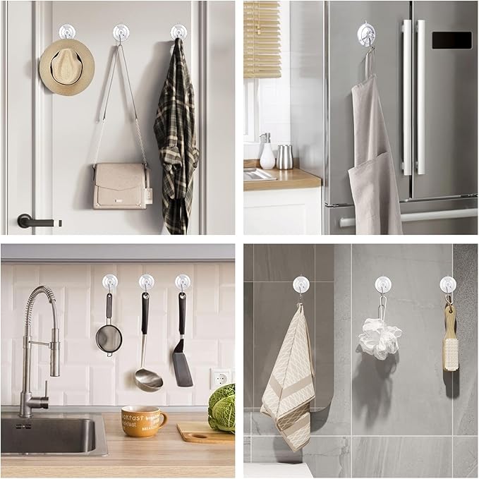 KORCCI Suction Cup Hooks 16Pack - Max Load 10LB, 1.77Inch Clear Medium Suction Cups, No Trace, Reusable & Removable, Stainless Steel Hooks, for Tile, Glass, Window, Shower, Kitchen, Bathroom