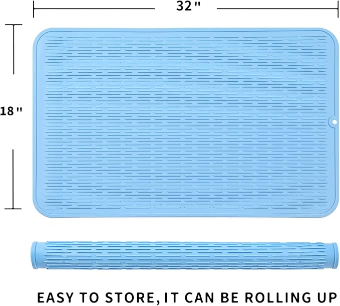 MicoYang Silicone Dish Drying Mat for Multiple Usage,Easy clean,Eco-friendly,Heat-resistant Silicone Mat for Kitchen Counter or Sink,Refrigerator or Drawer Liner Light Blue 4XL 32 inches x 18 inches