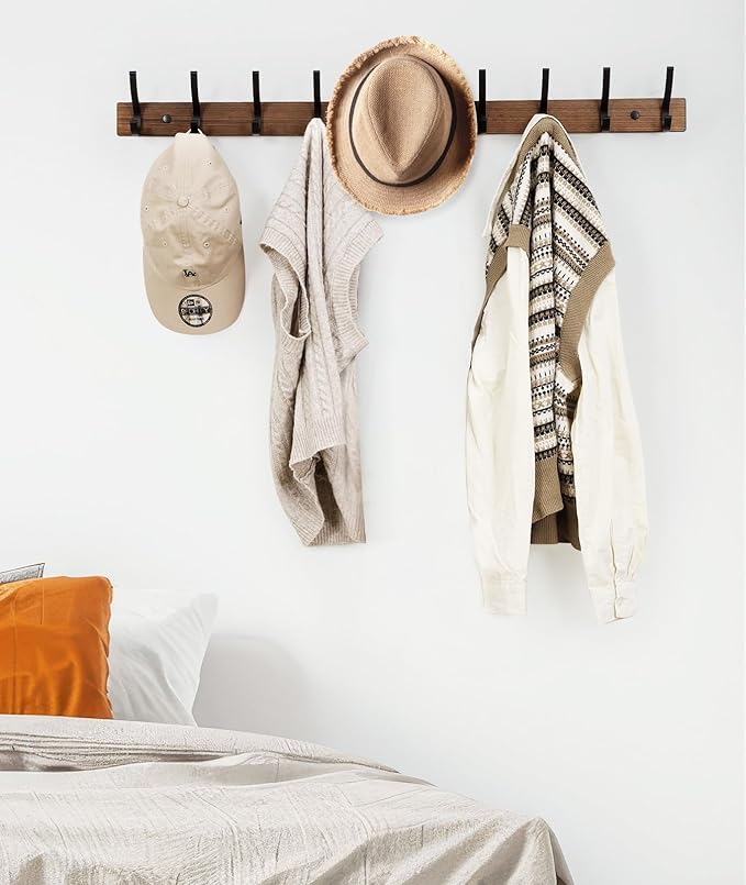 Coat Rack Wall Mount, 16.5 Inches Wood Coat Hooks Wall Mount, Wall Coat Rack with 5 Hooks, Hat Rack Wall Hooks for Hanging Coat, Bag, Towel (2Pack, Brown)