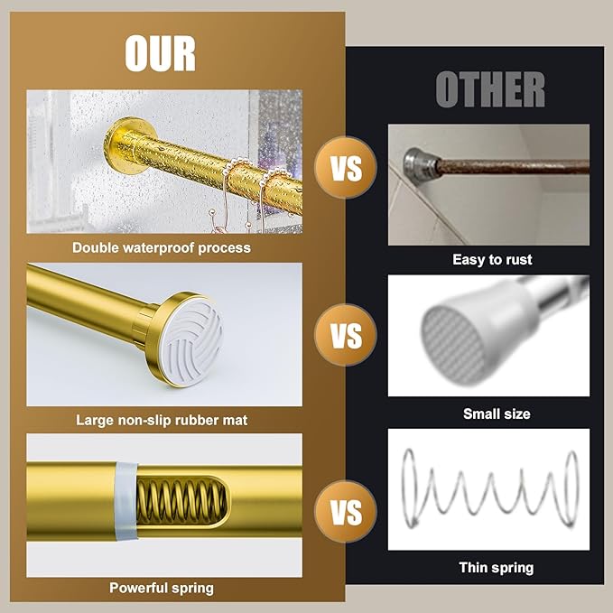 Ausemku Shower Curtain Rod 32-94 Inch Adjustable - 1 Inch Diameter Heavy Duty No Drill Spring Tension Shower Rod, Non-Slip Rustproof Telescopic Rod for Bathroom, Gold