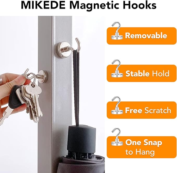 MIKEDE Magnetic Hooks, 85LB+ Heavy Duty Magnetic Hooks for Cruises with Epoxy Coating for Refrigerator, Strong Magnet Hooks for Tool Rooms, Magnetic Metal Hooks for Grills - 8 Pack
