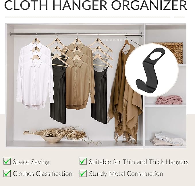ZEDODIER Metal Clothes Hanger Connector Hooks, 12 Pack Super Sturdy Hanger Extender Hooks, Efficient Closet Space Saver, Easy to Use, Suitable for Heavy Clothing, Fits All Types of Hangers, Black